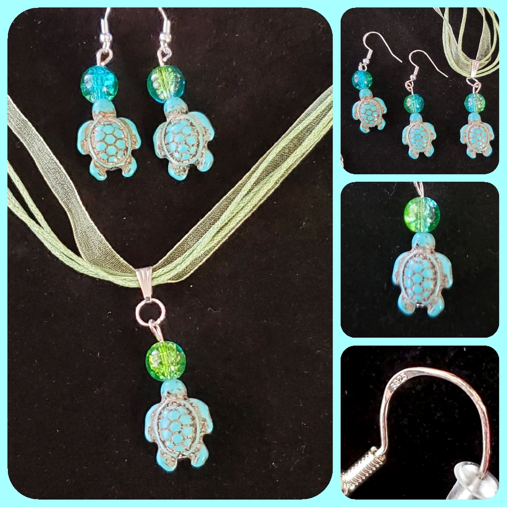 New Baby Sea Turtle Turquoise Necklace And .925 Sterling Silver Earrings Set